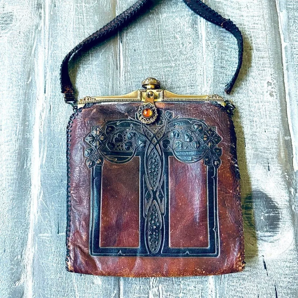 Amity Vintage Antique Leather Tooled Wallet Pouch Bag